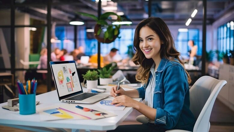 female graphic designer working on laptop in creative office