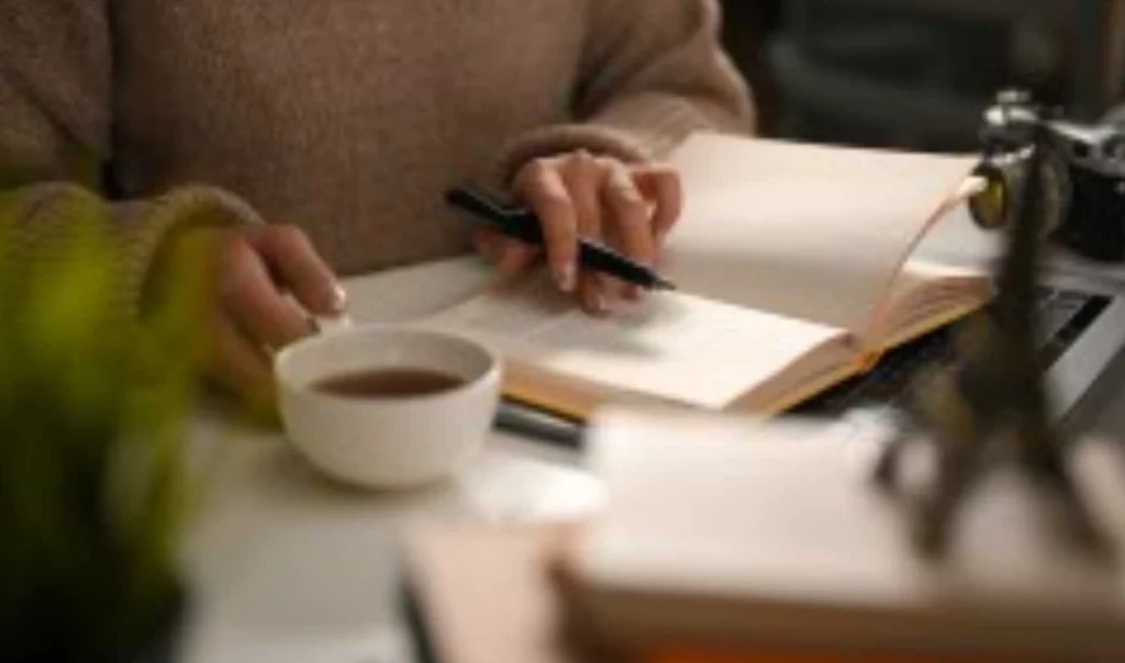 Person writing notes in notebook with coffee